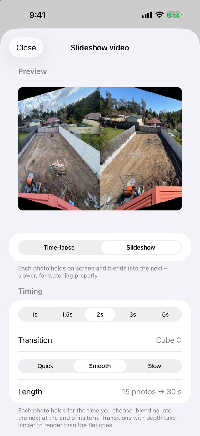 iPhone Slideshow video screen: the preview shows 2 build photos turning like a cube, with Transition set to Cube and 2s timing.