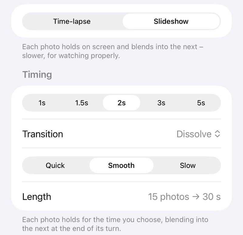 iPhone Slideshow settings: Timing 1s to 5s with 2s picked, Transition Dissolve, Quick, Smooth or Slow, and Length 15 photos, 30 s.