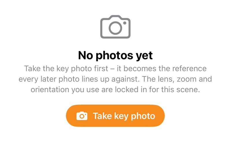 iPhone empty scene: No photos yet, a note that the key photo becomes the reference and its lens, zoom and orientation lock in, and an orange Take key photo button.