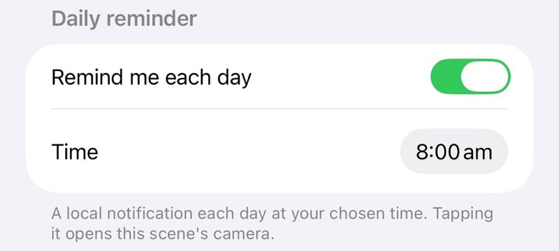 iPhone Daily reminder settings: Remind me each day switched on, Time 8:00 am, and a note that the notification opens this scene's camera.