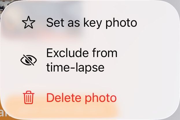iPhone photo menu: Set as key photo, Exclude from time-lapse, Delete photo.