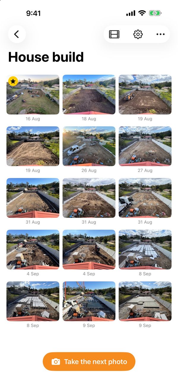 iPhone timeline for House build: 15 dated photos from 16 Aug to 9 Sep, the first starred, above a Take the next photo button.