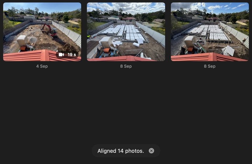 Mac photo grid showing 4 and 8 Sep photos, with an 'Aligned 14 photos' message at the bottom.