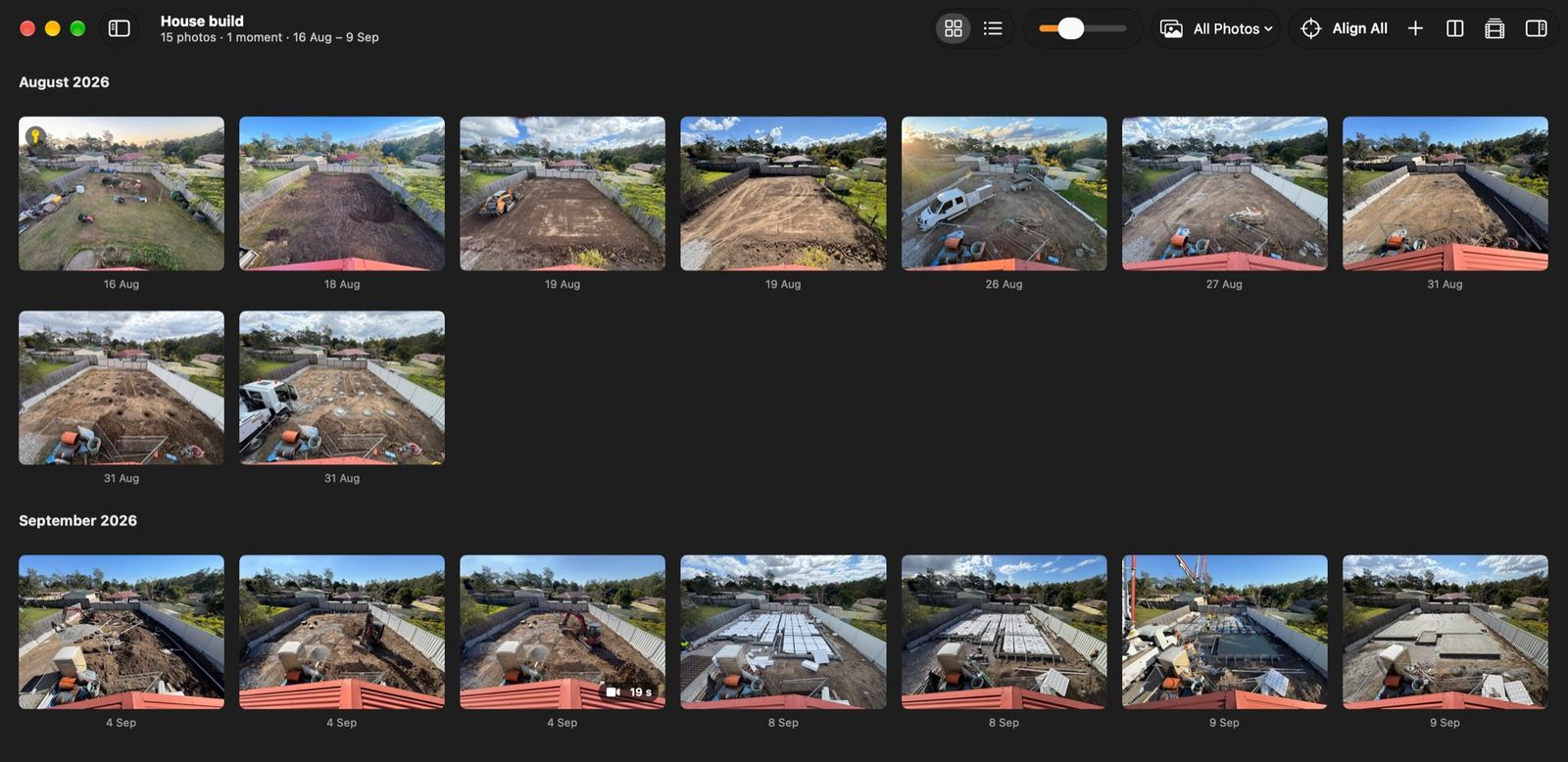 Mac window for House build: 15 photos under August and September 2026, a 19-second moment tile, and Align All in the toolbar.