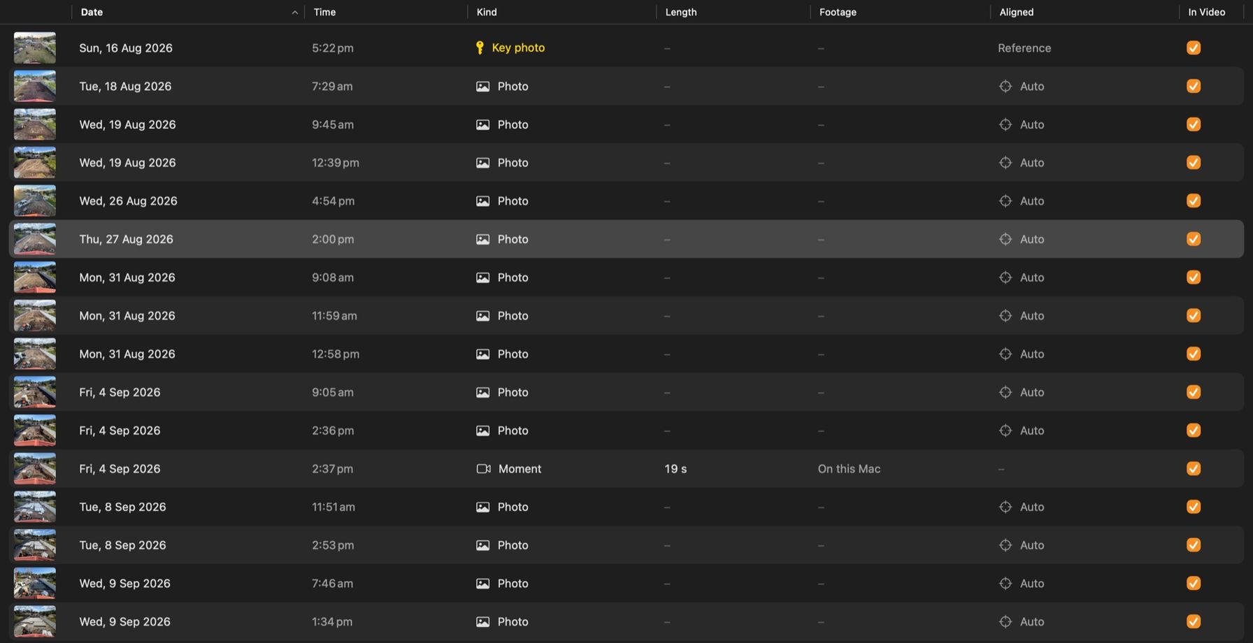 Mac list of the scene with Date, Time, Kind, Length, Footage, Aligned and In Video columns; a 19-second moment shows On this Mac.