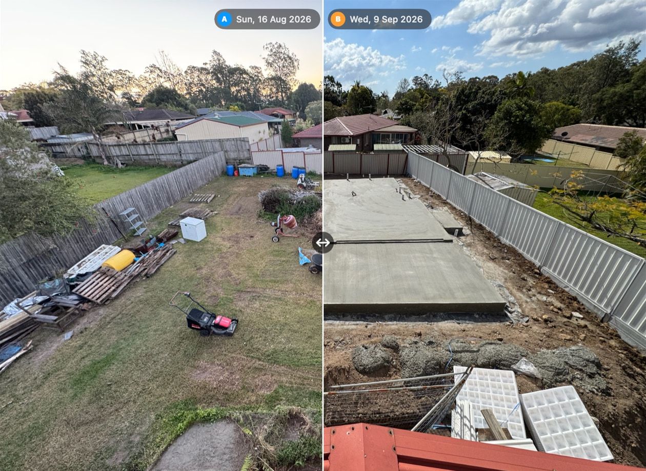 Mac Compare in wipe view: the 16 Aug backyard at dusk on the left and the 9 Sep slab on the right, each labelled with its date, split by a divider with a drag handle.