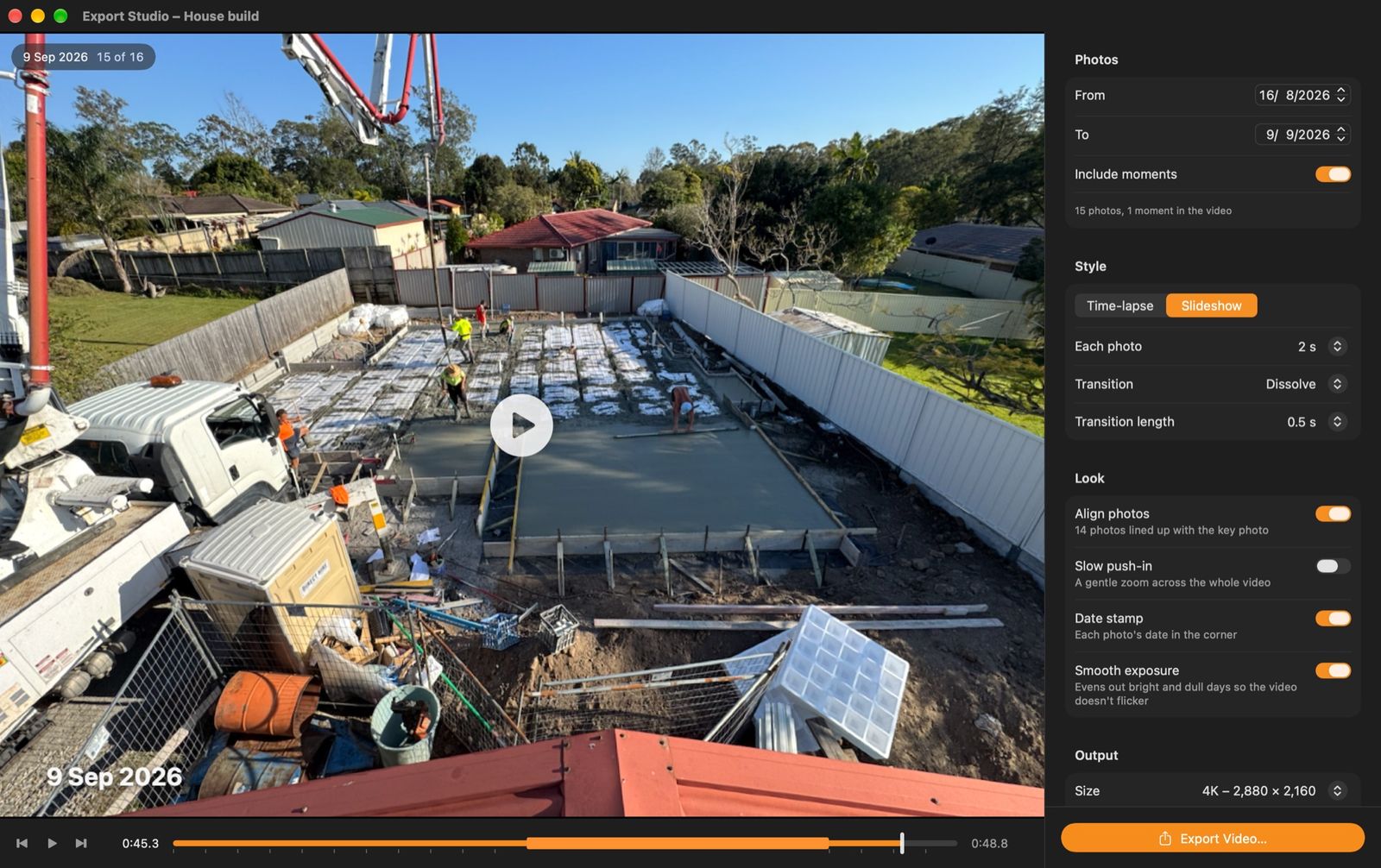 Mac Export Studio previewing a slab pour: a concrete pump boom, workers in hi-vis and a 9 Sep 2026 date stamp, beside slideshow settings.