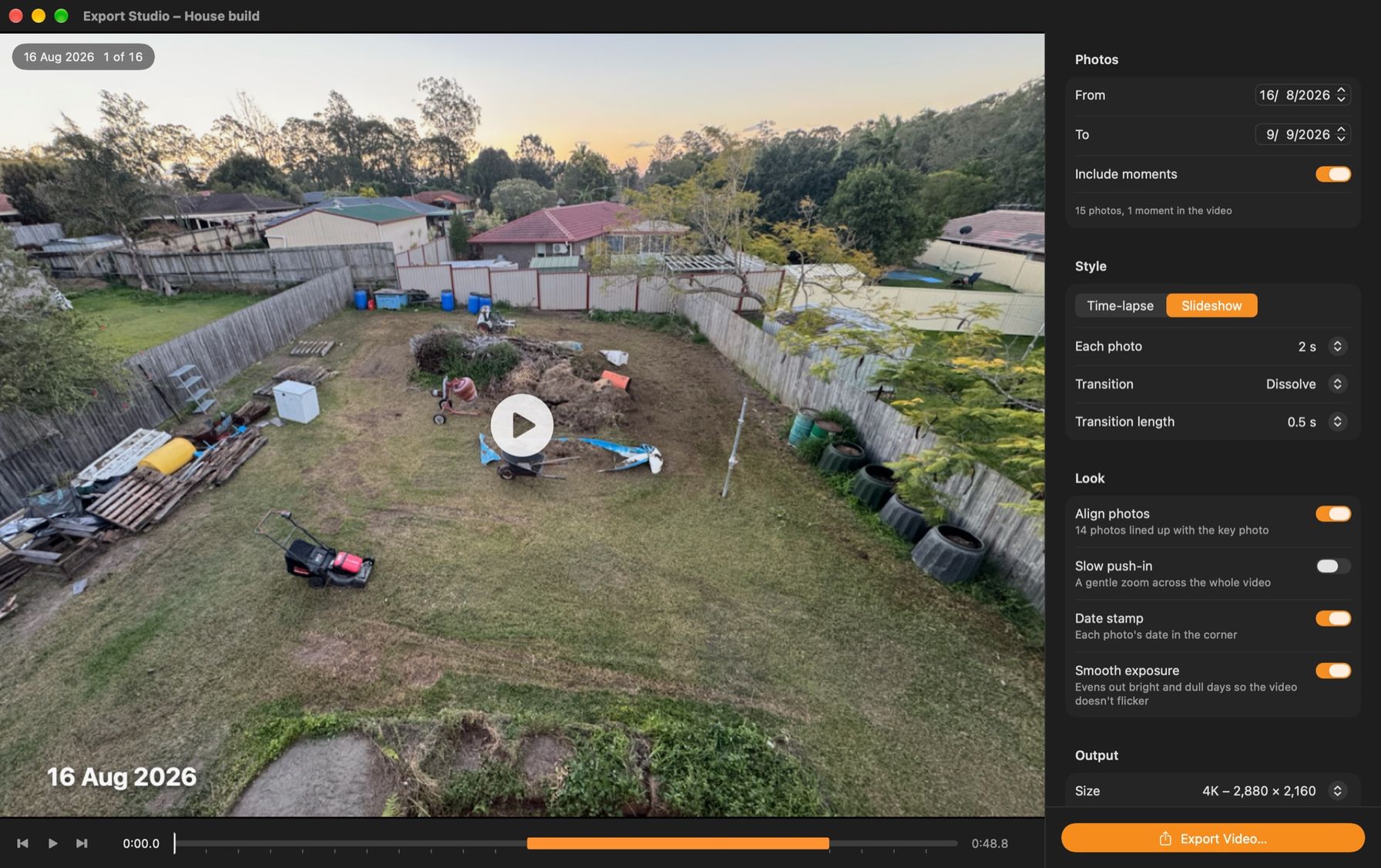 Mac Export Studio window: a backyard at dusk with a mower and pallets, and settings for photos, style, look and output size beside it.
